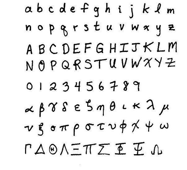 Handwritten Latin and Greek alphabets